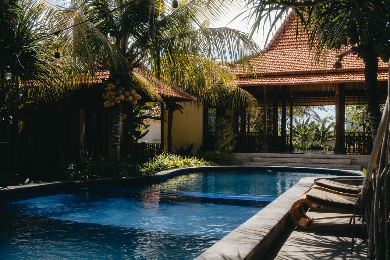Home Relax by a luxurious tropical pool surrounded by lush palm trees under a sunny sky, perfect for summer getaways.